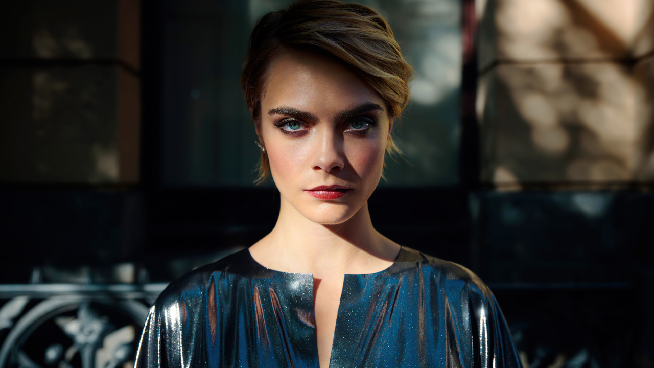 Яркая голубоглазая девушка Кара Делевинь в платье