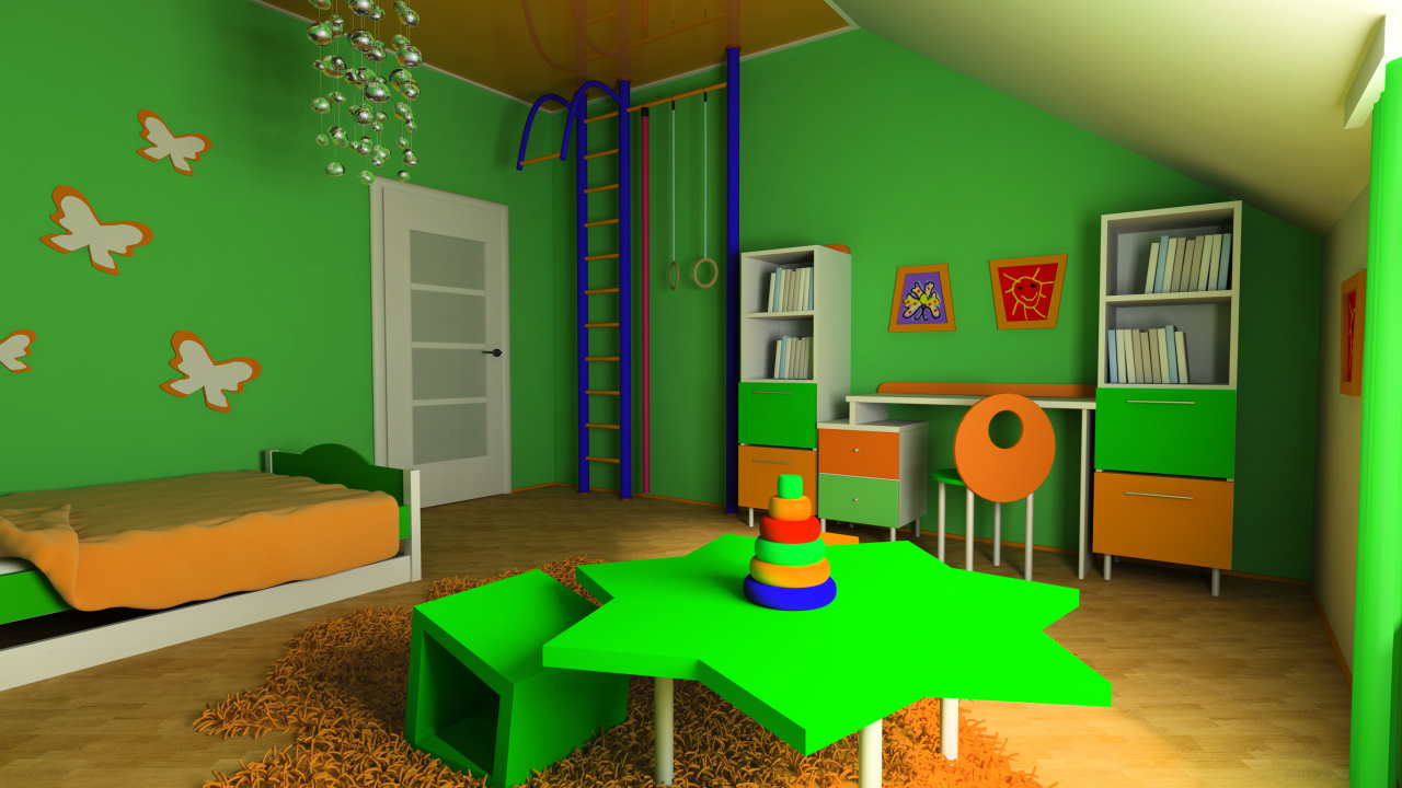 Детская комната с зелеными стенами и мебелью 