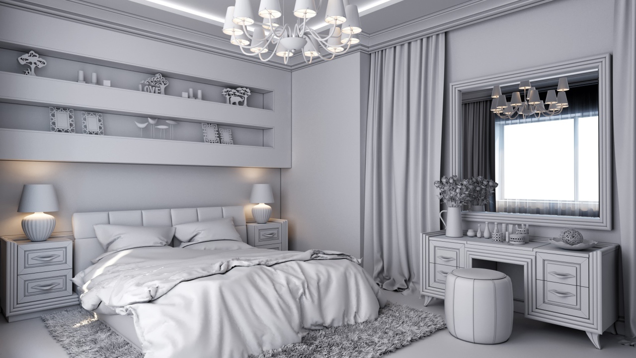 Серый интерьер спальной комнаты с большой люстрой 