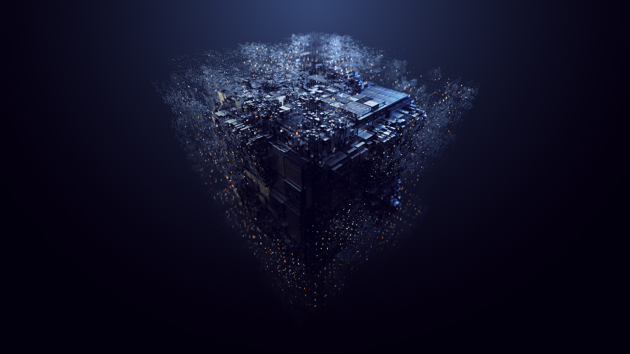 Разрушение абстрактного куба на черном фоне