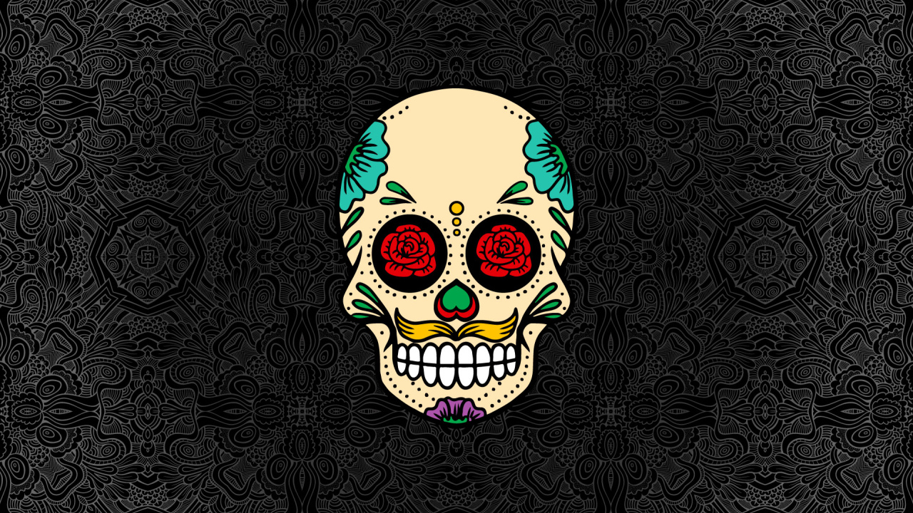 Нарисованный череп на сером фоне с узорами