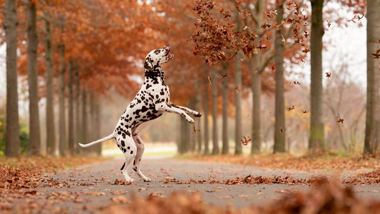 Большой далматинец ловит желтые листья