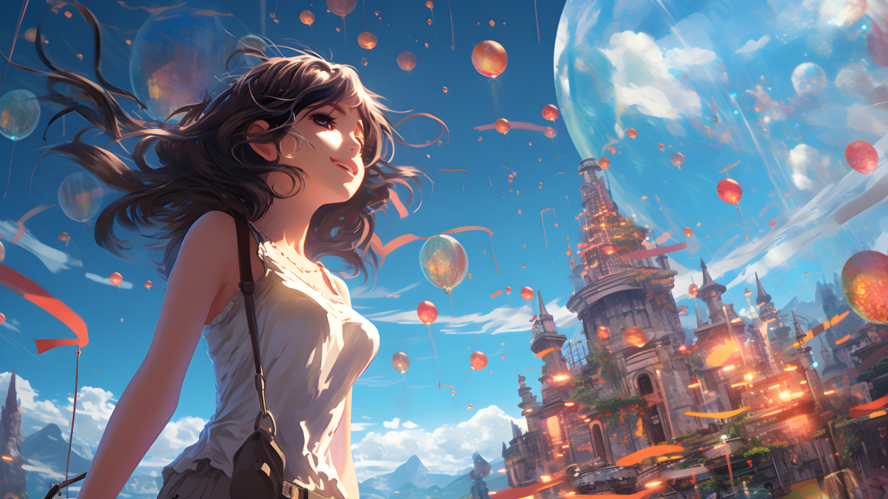 Девушка аниме на фоне замка