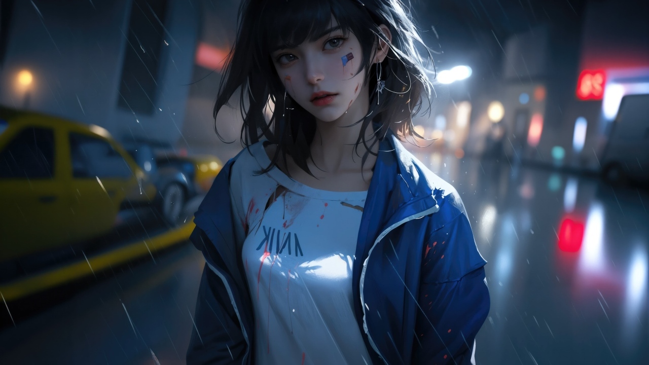 Девушка аниме в синей куртке