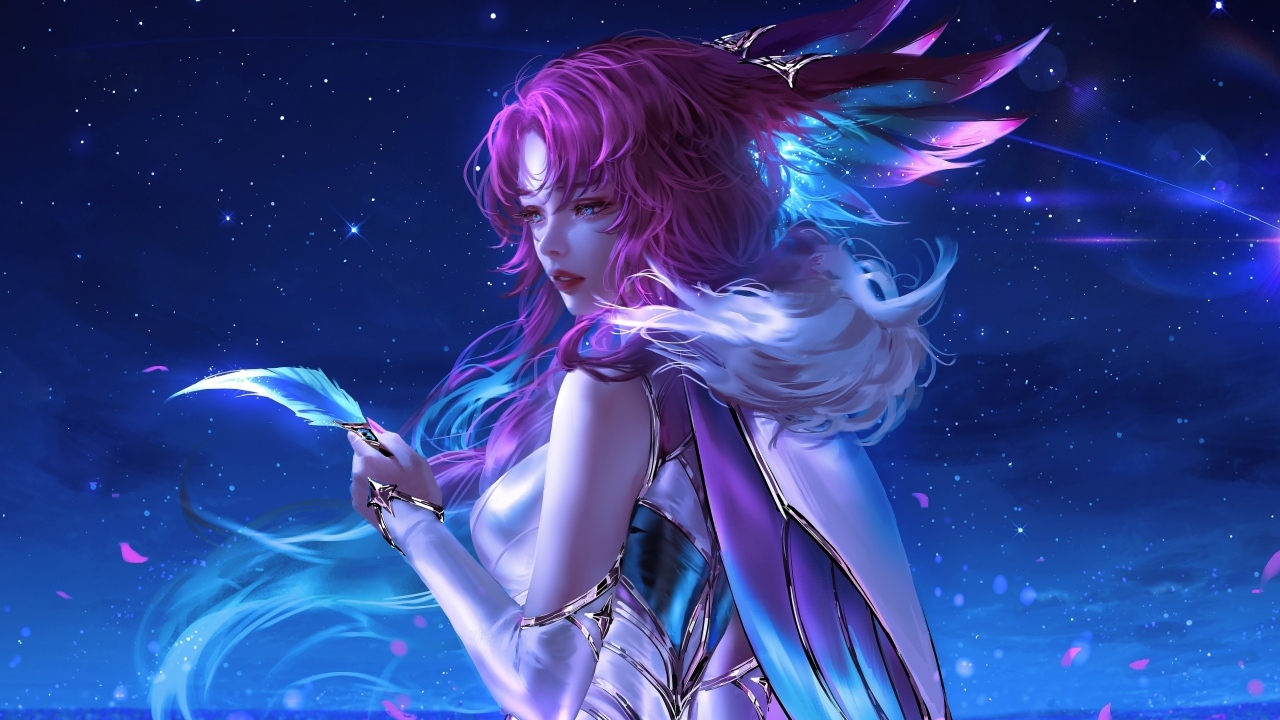 Девушка аниме с розовыми волосами с пером в руке