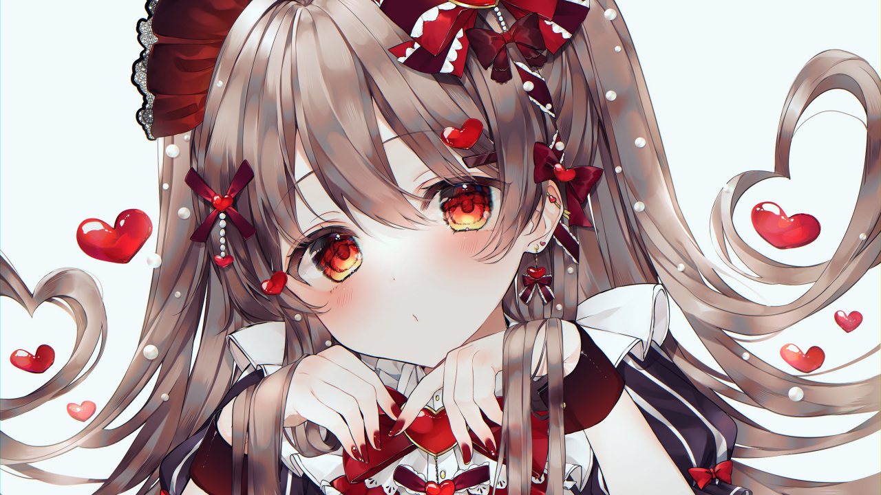Девушка аниме с красными сердечками