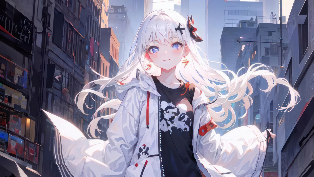 Девушка аниме с белыми волосами в городе