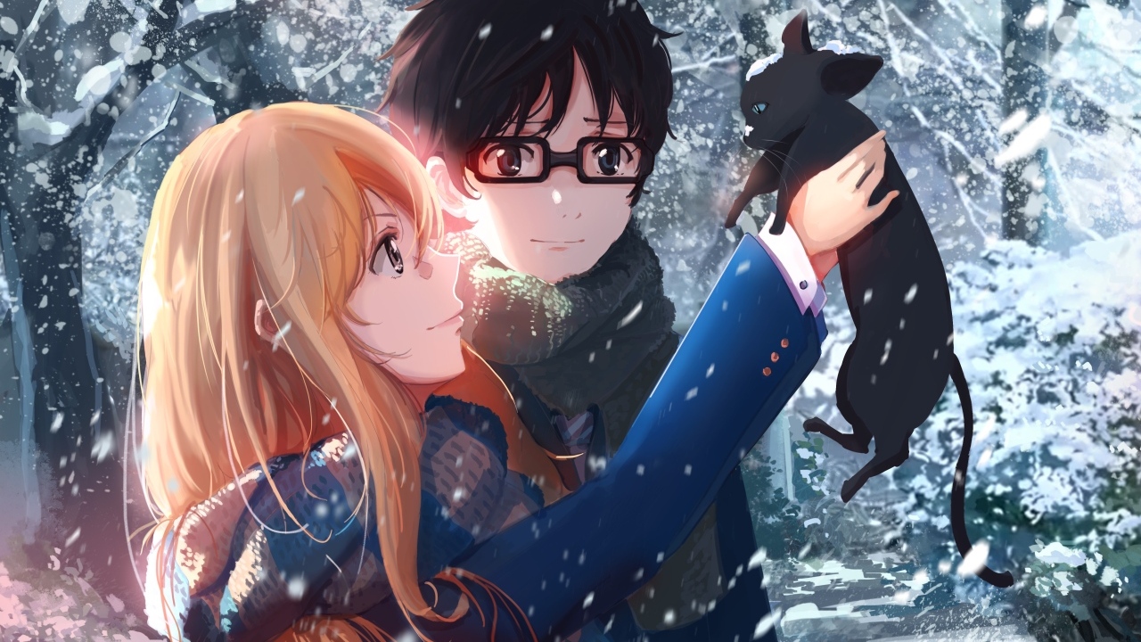 Парень и девушка аниме с котенком в руках