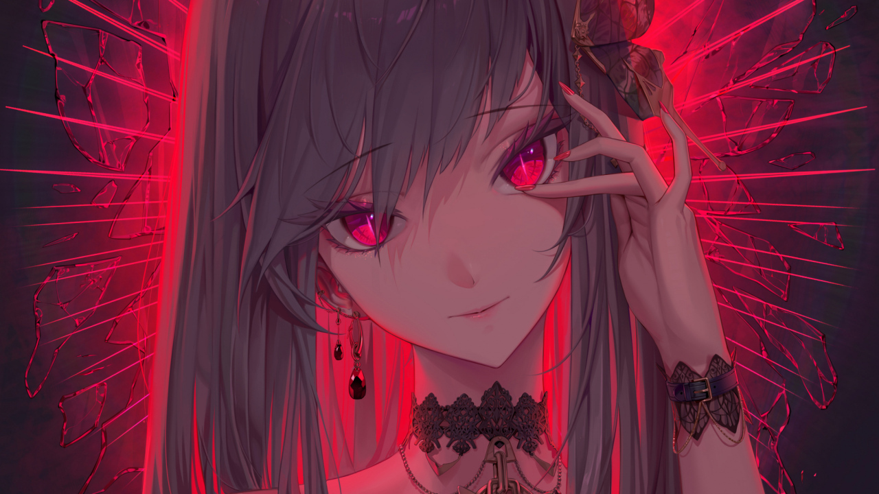 Красивая девушка аниме с красными глазами