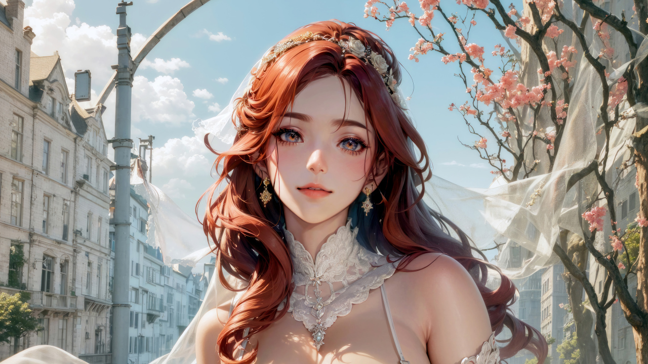 Рыжеволосая девушка аниме в свадебном платье
