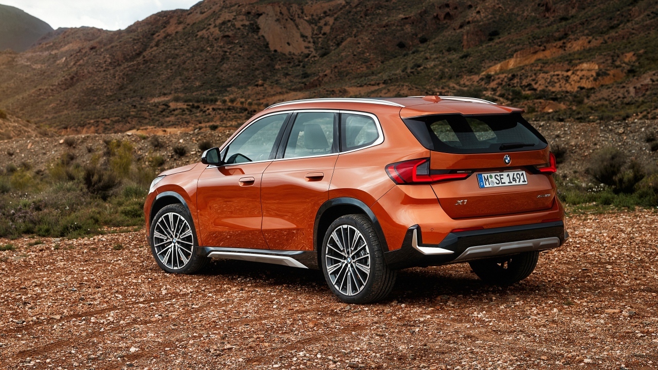 Красный автомобиль BMW X1  вид сзади