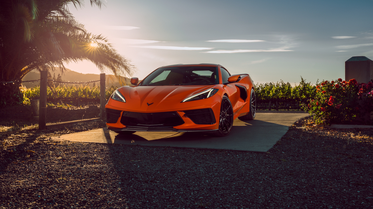 Автомобиль Chevrolet Corvette C8 в лучах солнца
