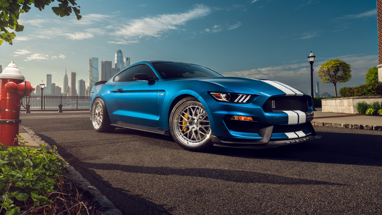 Синий автомобиль Ford Shelby Mustang GT350 в городе
