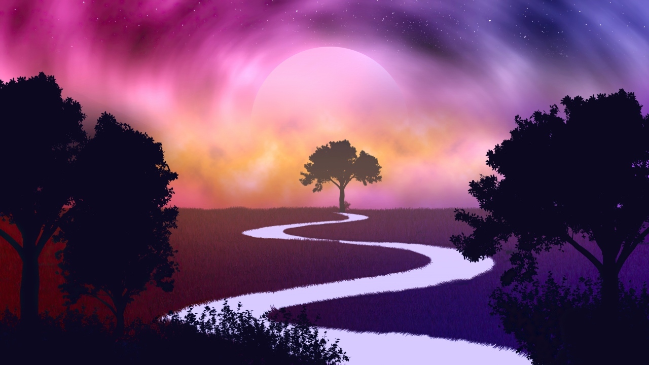 Нарисованная белая река на фоне луны