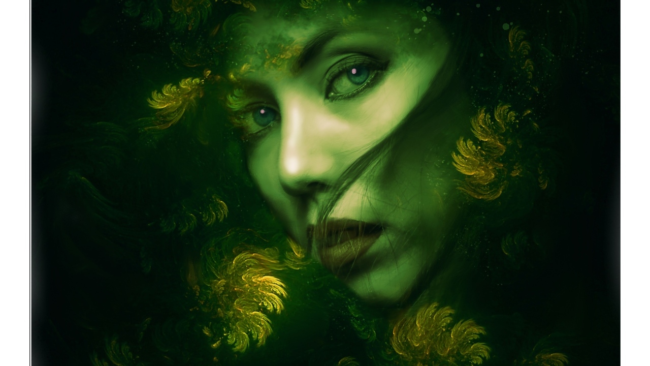 Нарисованная красивая девушка на зеленом фоне