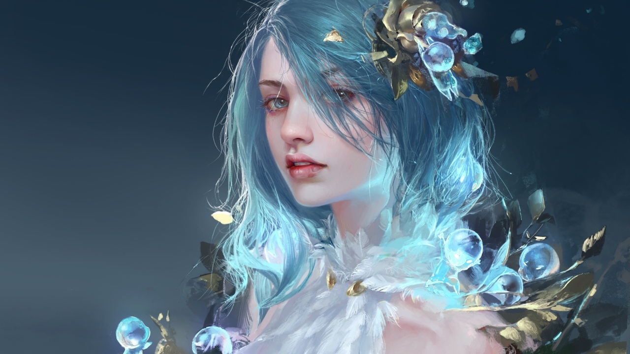 Красивая фантастическая девушка с голубыми волосами