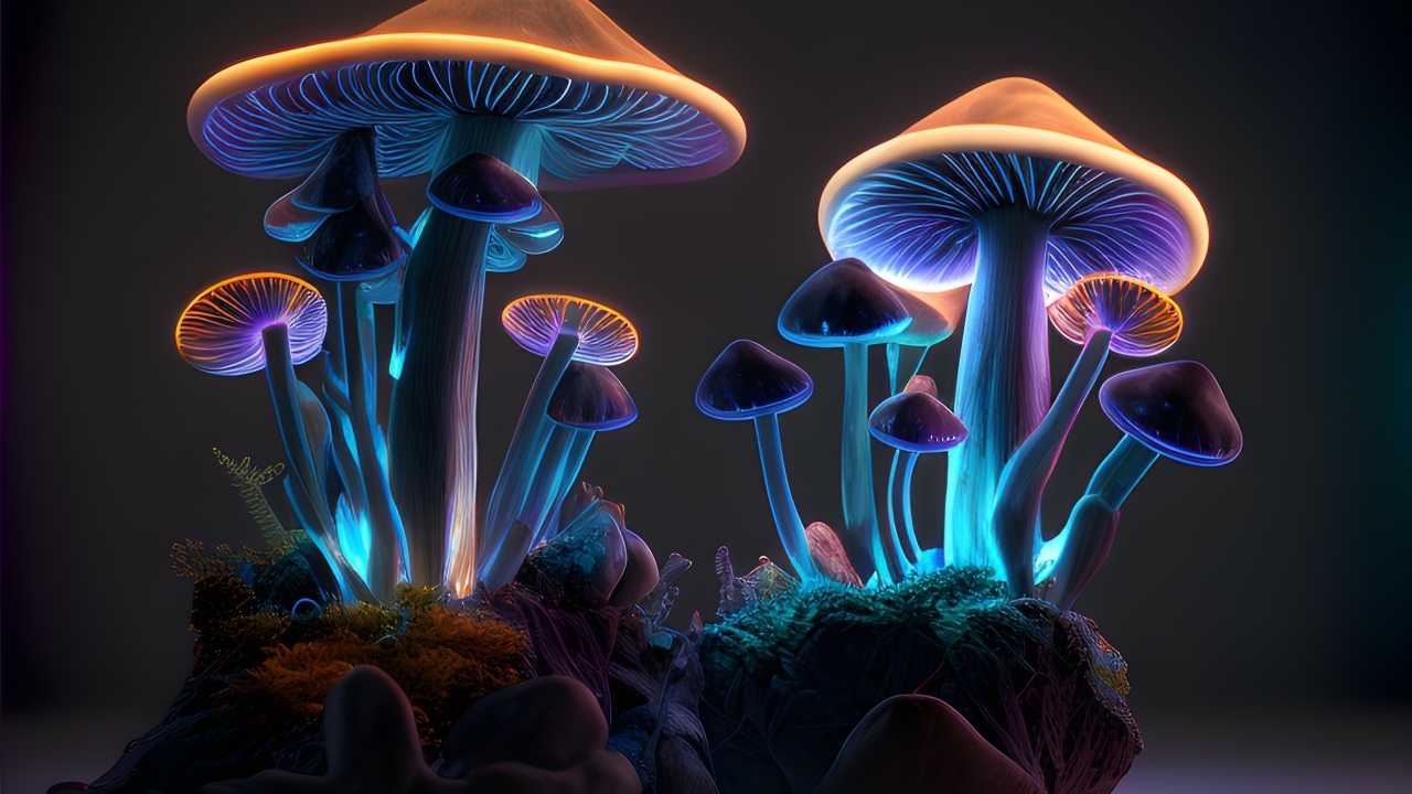 Фантастические неоновые грибы на сером фоне