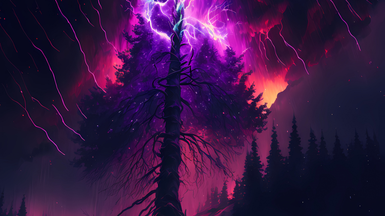 Молния разрывается над старым деревом