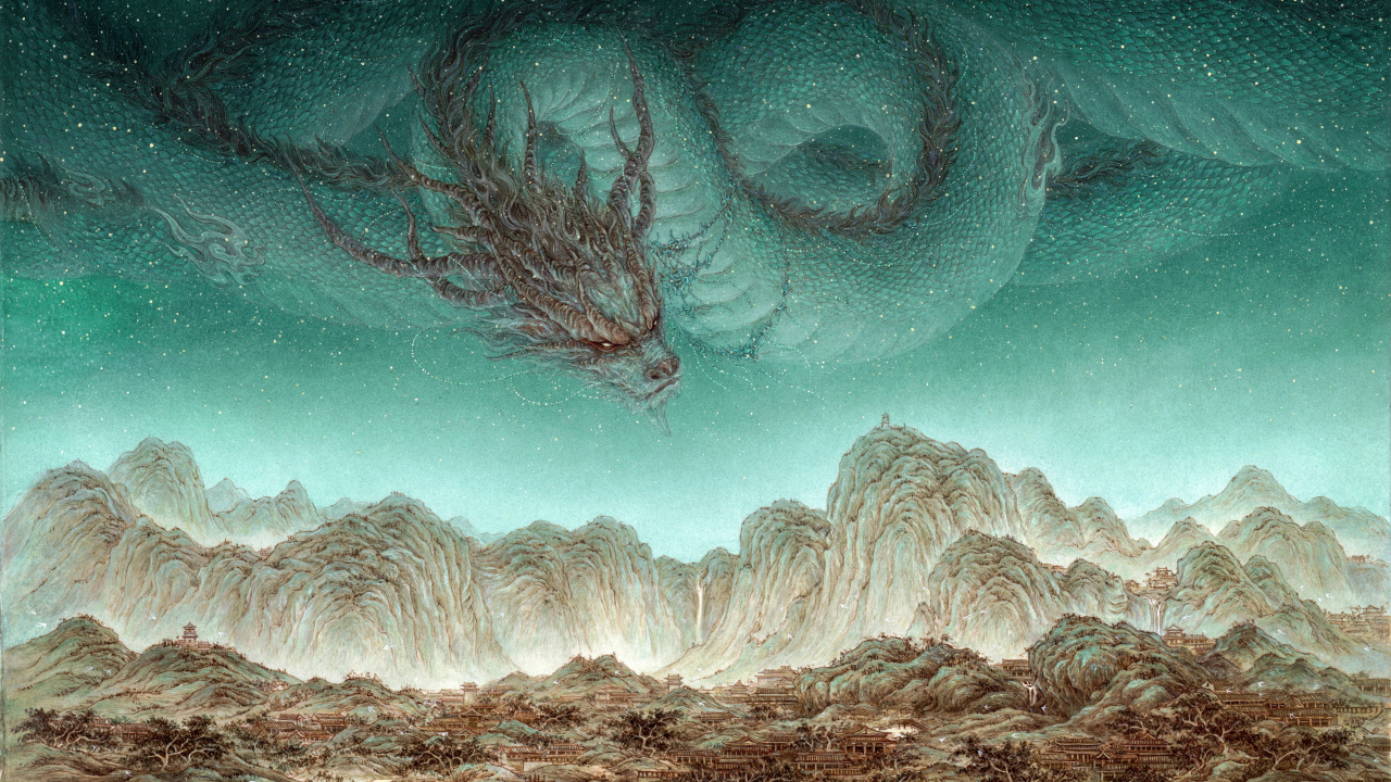 Волшебный дракон летает над горами