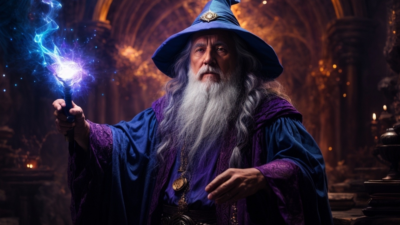 Мужчина волшебник с магической палкой