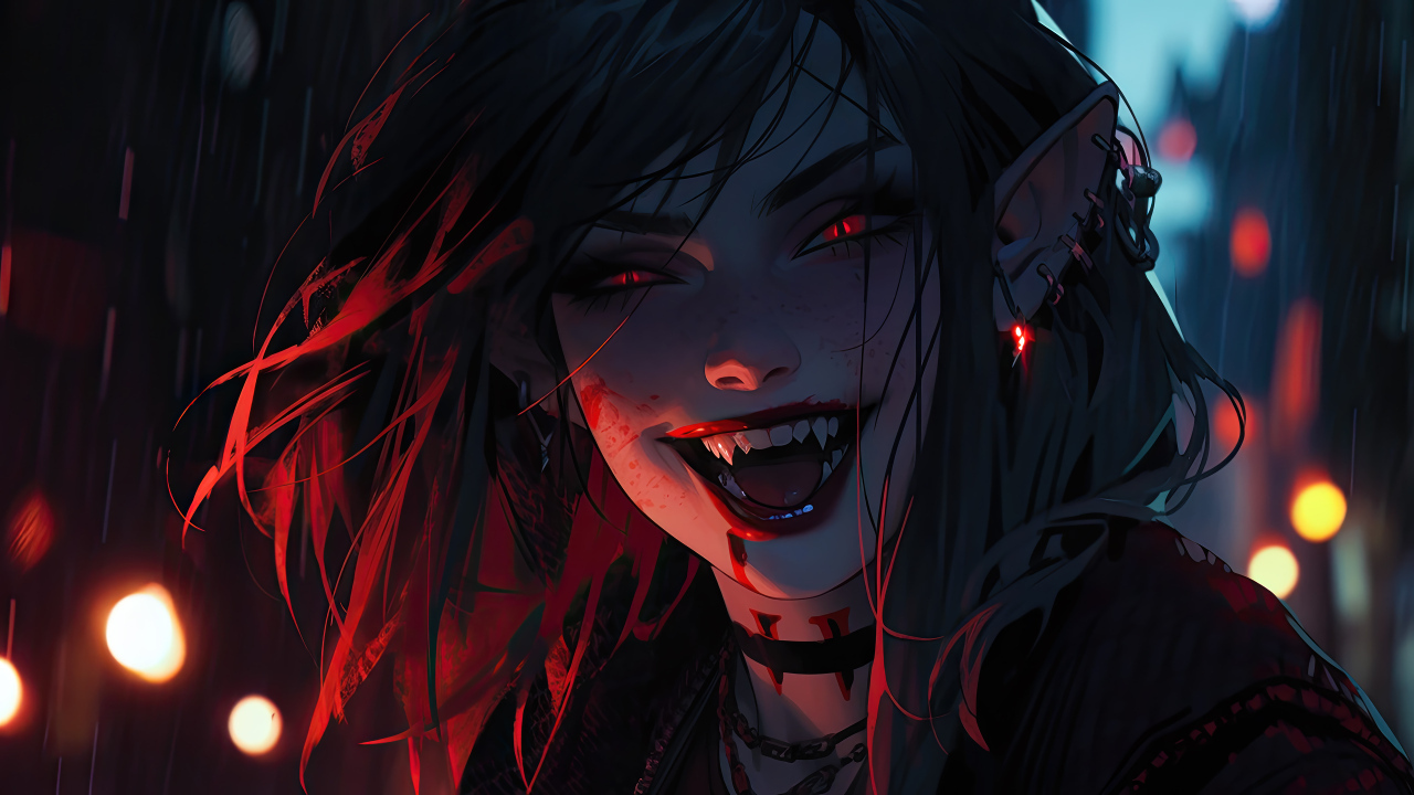 Улыбающаяся фантастическая девушка вампир