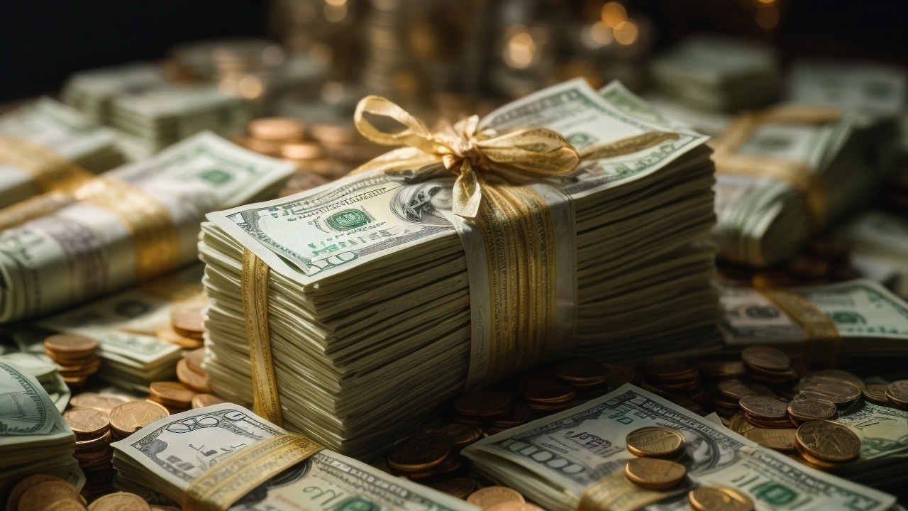 Пачки долларов с монетами перевязаны бантом
