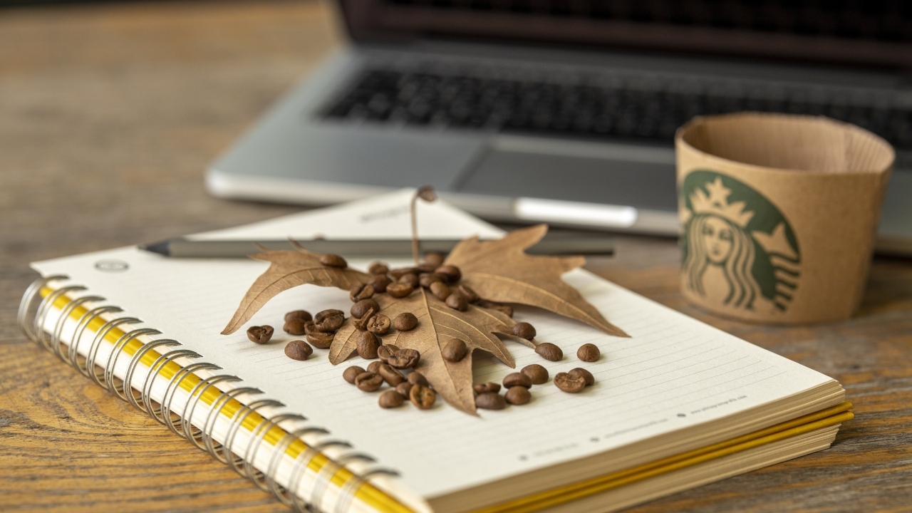 Зерна кофе с листом и блокнотом на столе