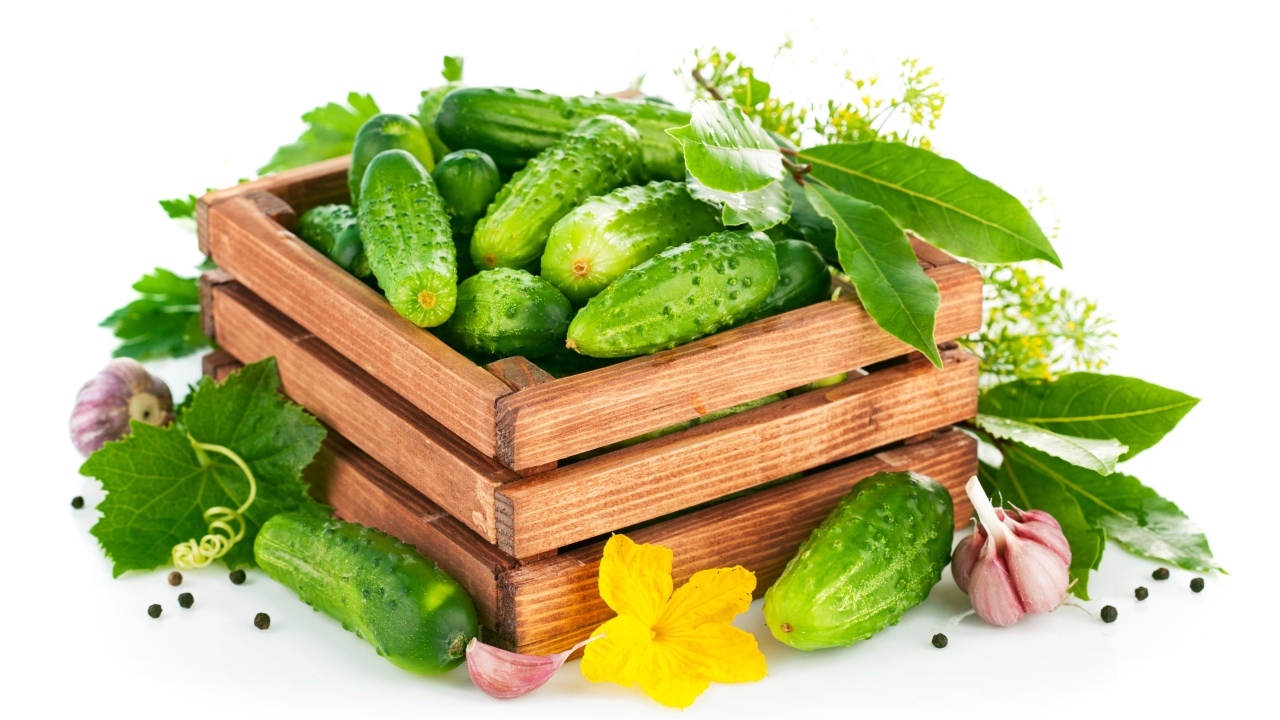 Деревянный ящик с зелеными огурцами и пряностями