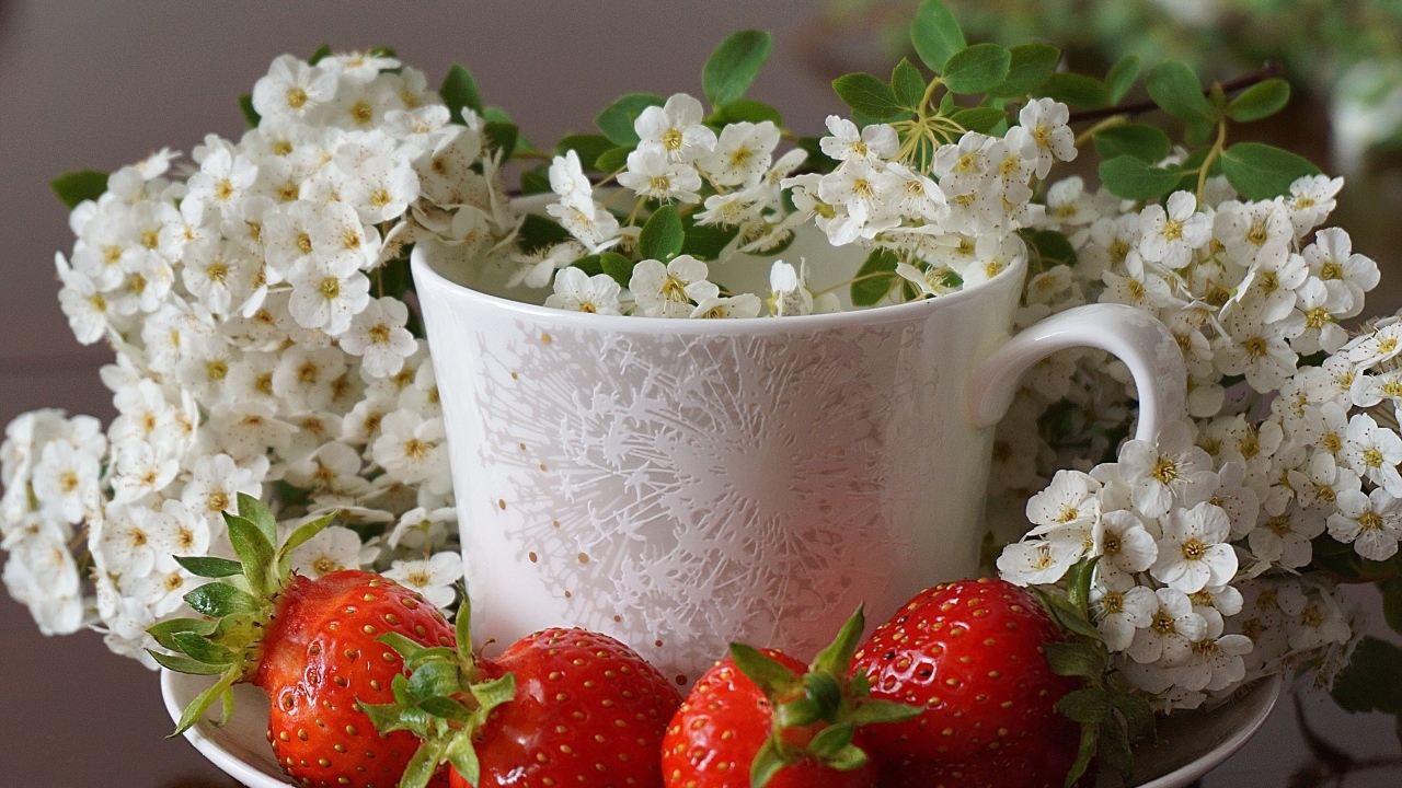 Клубника на тарелке с чашкой и белыми цветами
