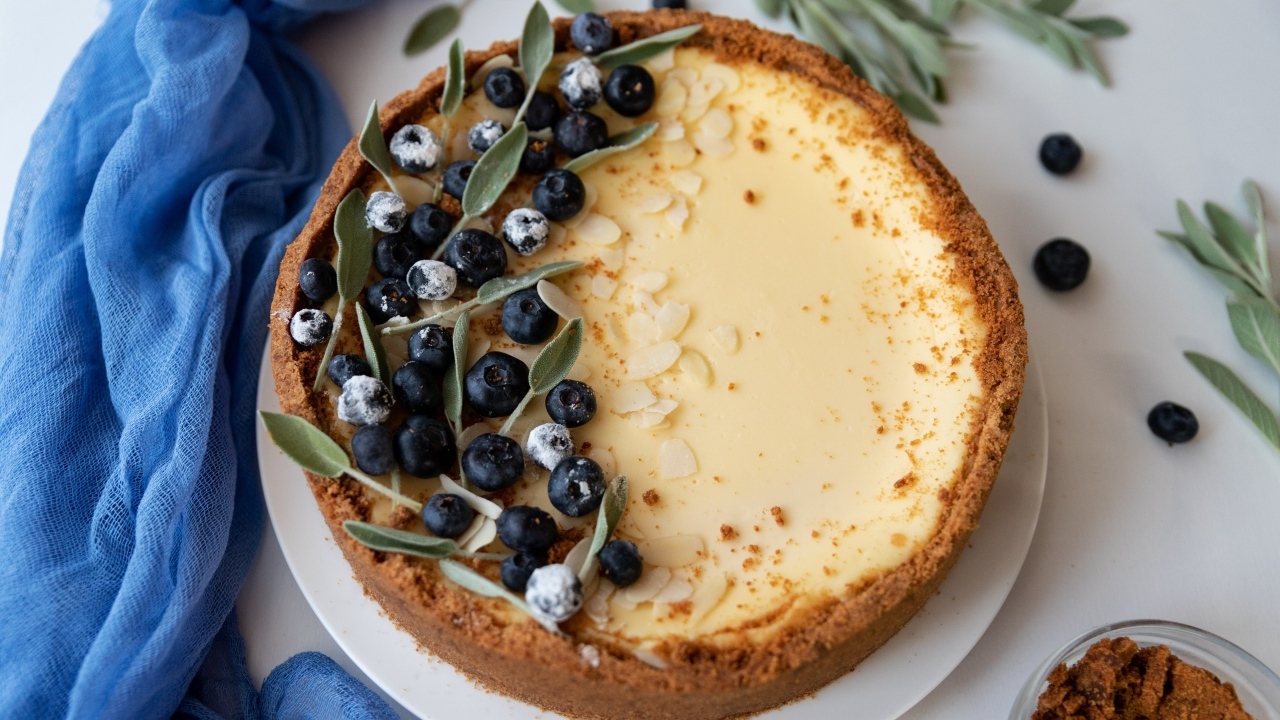 Чизкейк с ягодами черники на тарелке 