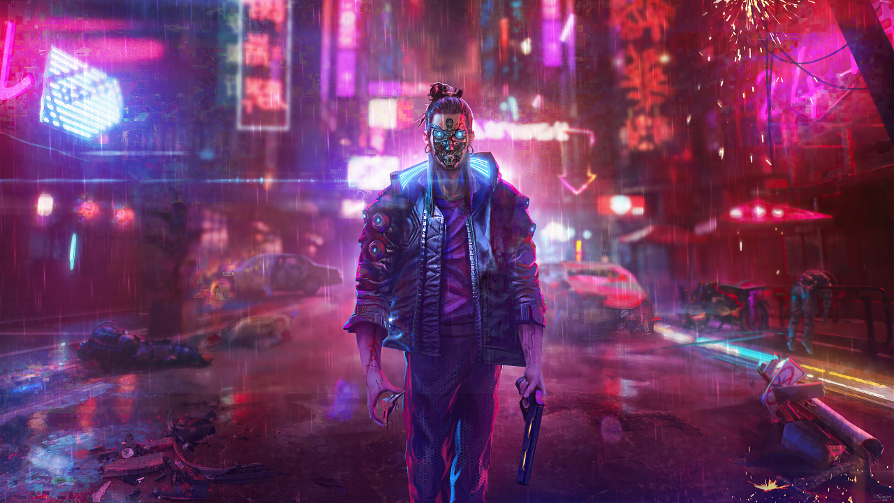 Мужчина робот из компьютерной игры Cyberpunk 2077