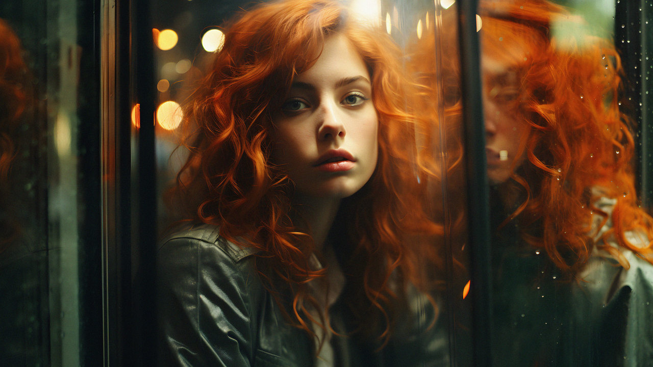 Красивая рыжеволосая девушка отражается в окне