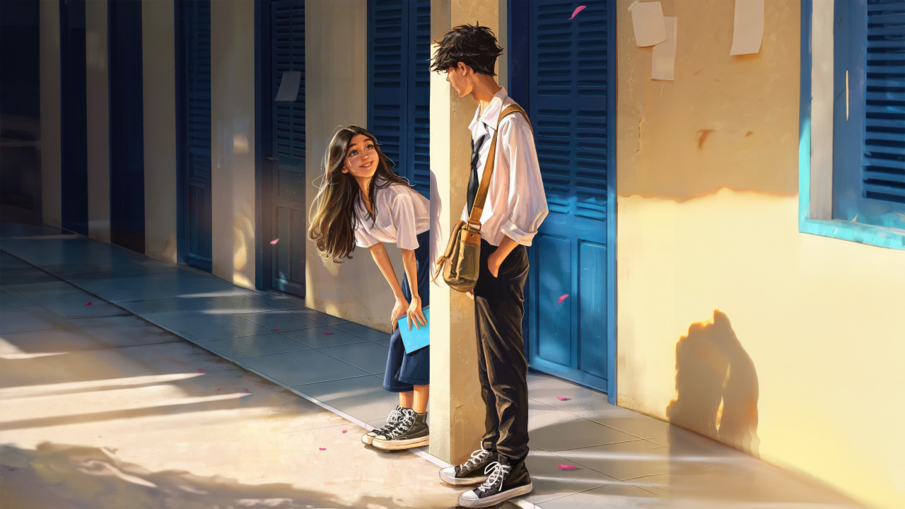 Влюбленная пара студентов к коридоре