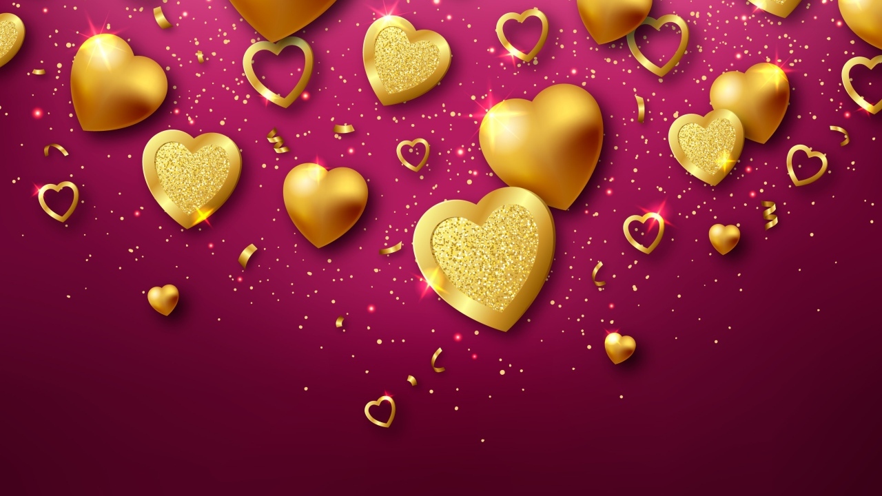 Золотые сердечки на красном фоне