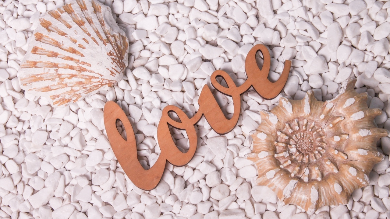 Ракушки и надпись любовь на белых камнях