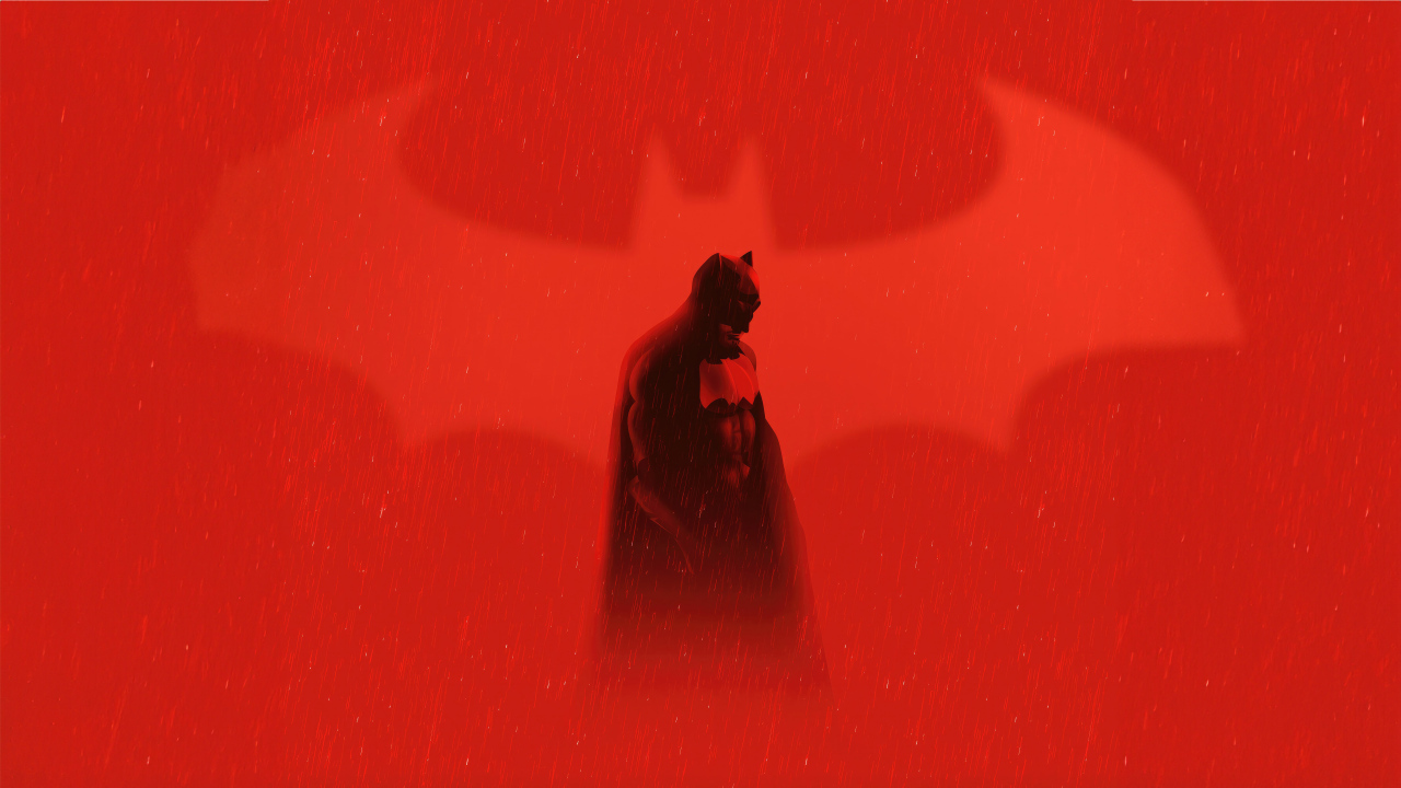 Бэтмен под дождем на красном фоне