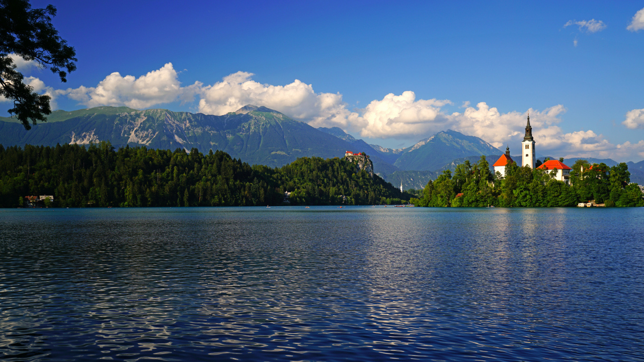 Красивый вид на озеро и покрытые зеленью горы