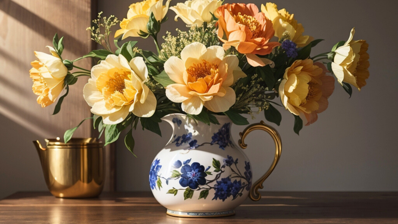 Букет красивых оранжевых цветов в кувшине на столе