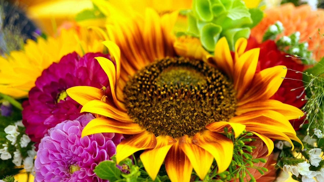 Букет с цветами подсолнуха и георгины