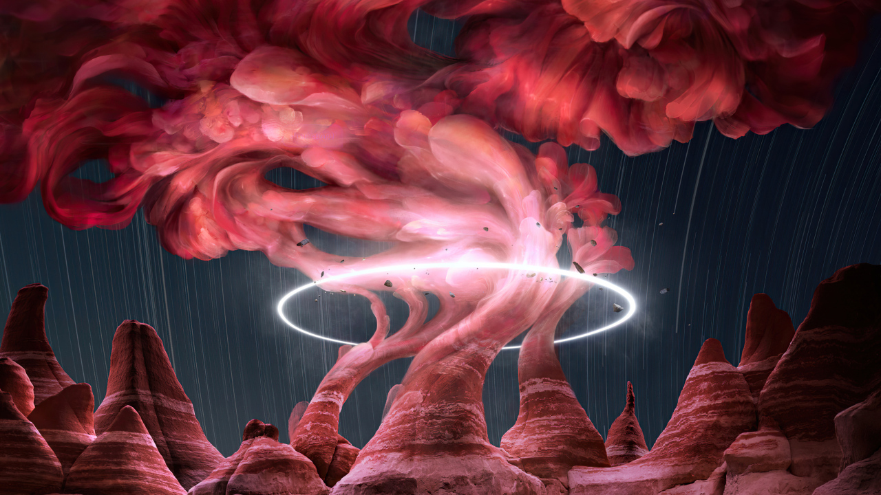 Красный дым над скалами