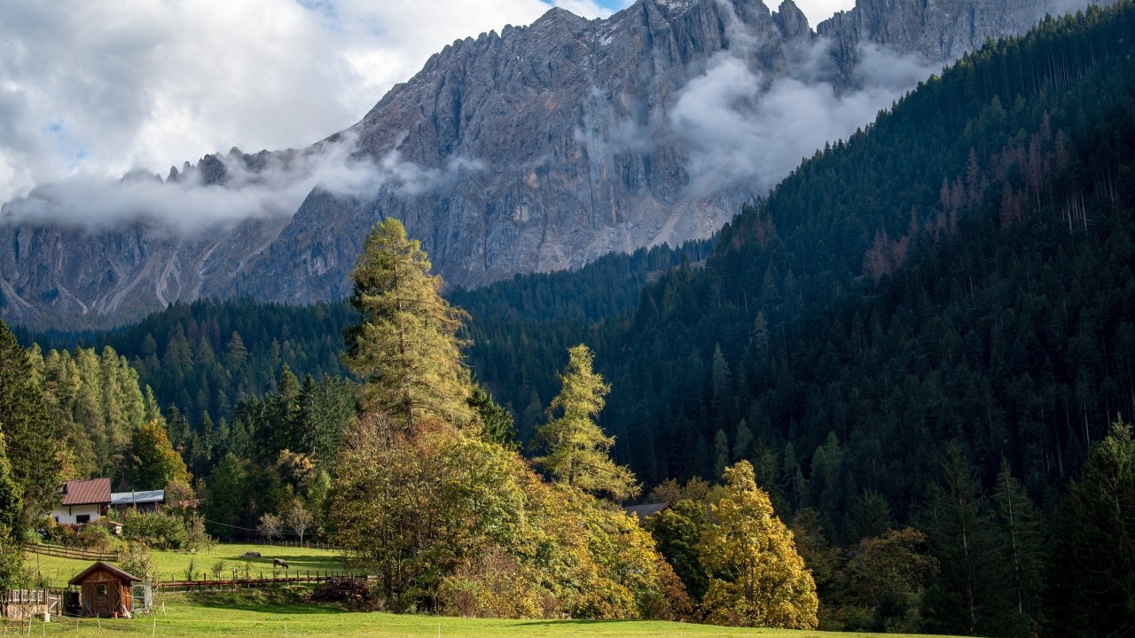 Белый туман над высокими каменными горами