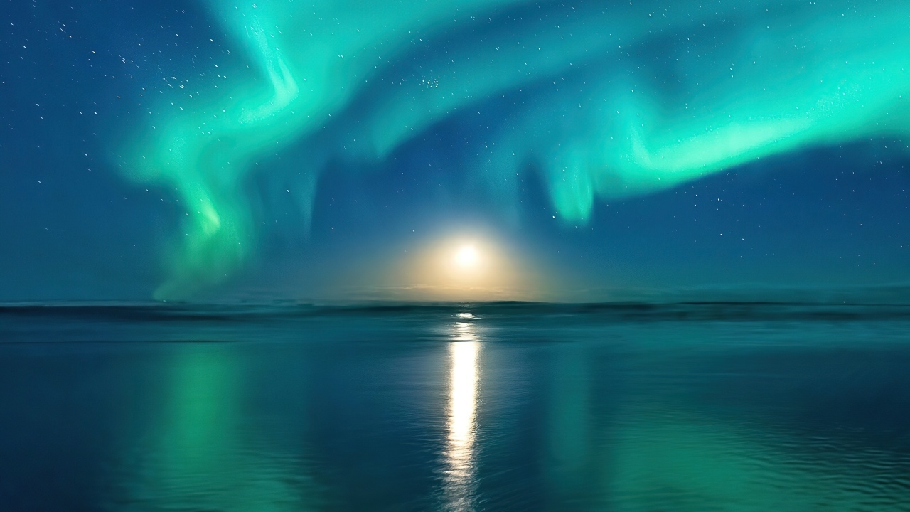 Красивое полярное сияние в небе над озером