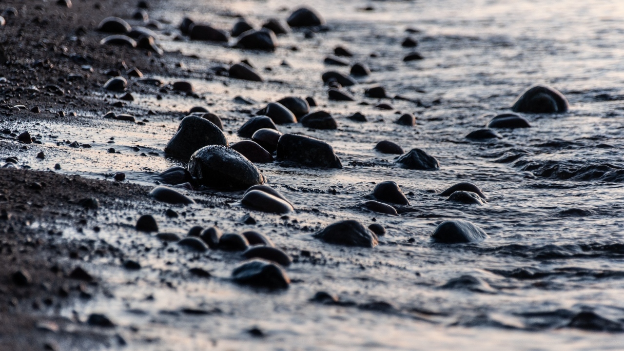 Мокрые камни на песке у моря