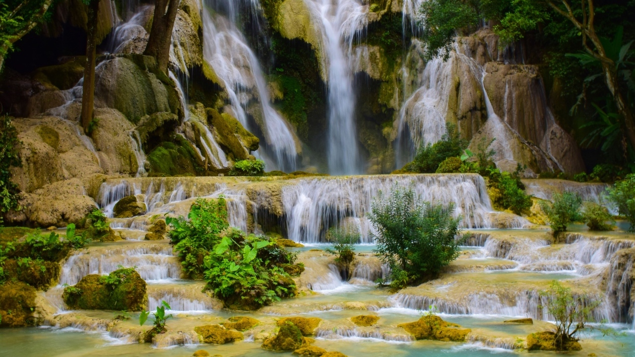 Красивый высокий водопад в лесу