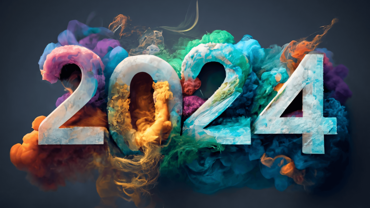 Цифры 2024 с взрывающейся краской на сером фоне