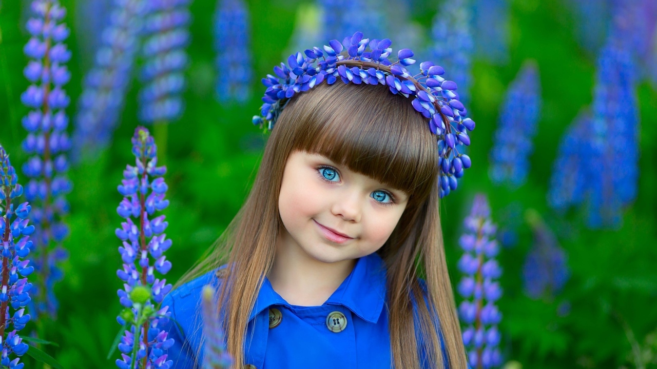 Красивая маленькая девочка в цветах люпина