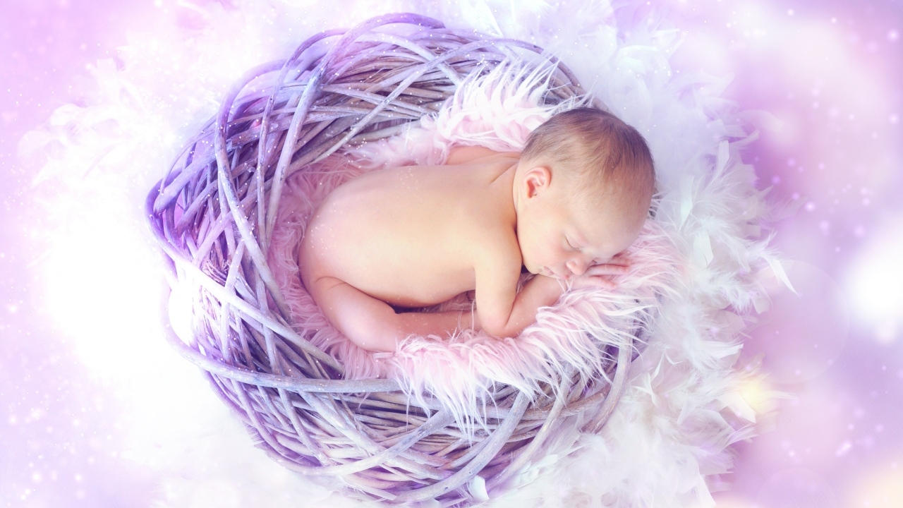 Новорожденный ребенок спит в сиреневом гнезде