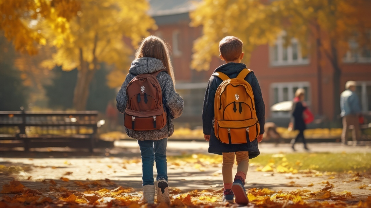 Двое детей школьников с рюкзаками на спине