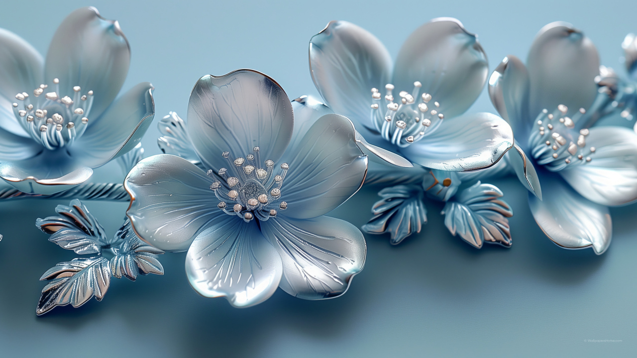 Красивые серебряные 3д цветы на голубом фоне
