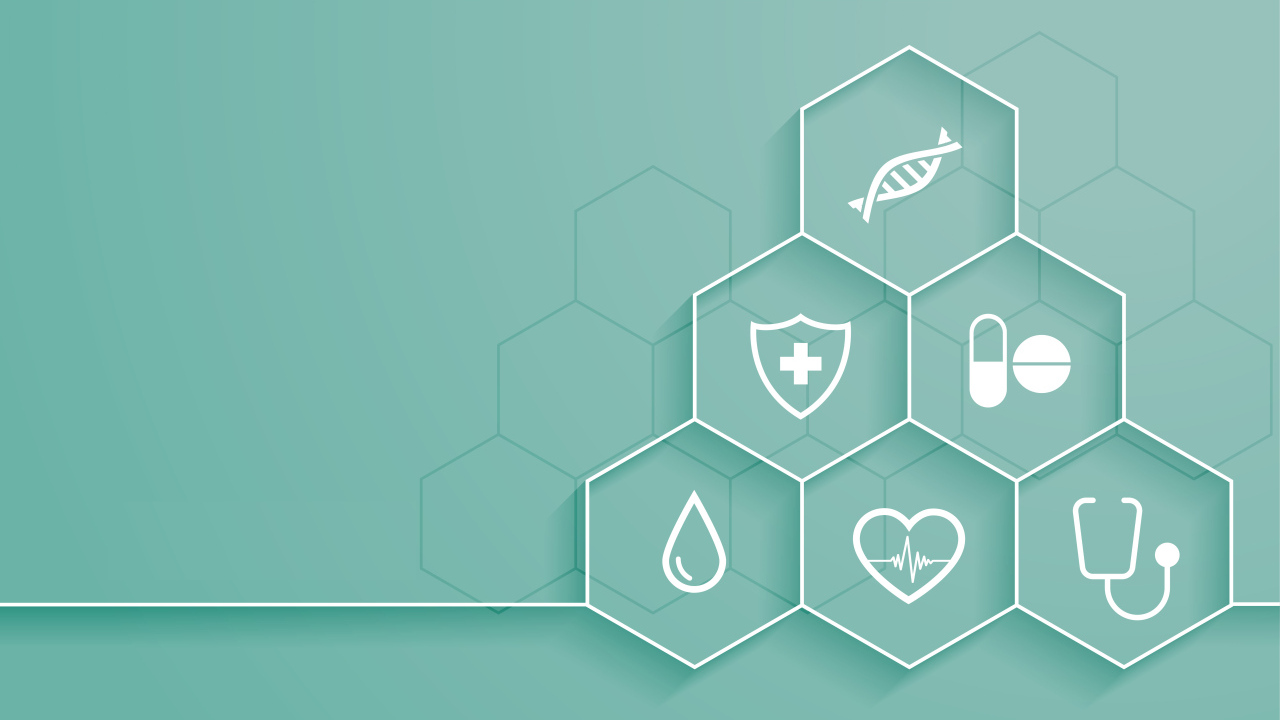 Соты с медицинскими элементами на голубом фоне